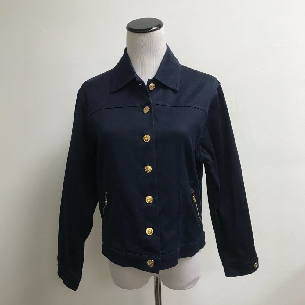 St John Sport Marie Gray cotton stretch navy blue gold button jean jacket  P XS